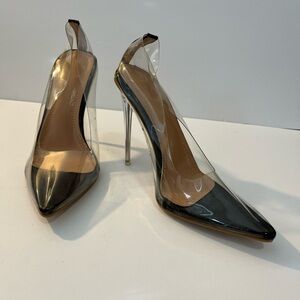 Clear PVC Pointed-Toe Stiletto Pumps in Black and Transparent